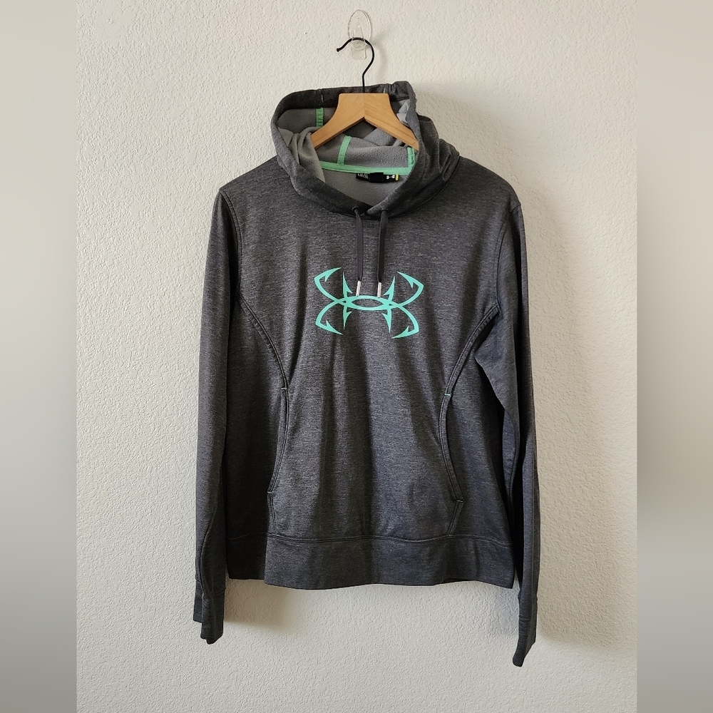 Under Armour Storm1 Fish Hook Gray Hoodie with Teal Logo Sweatshirt Large